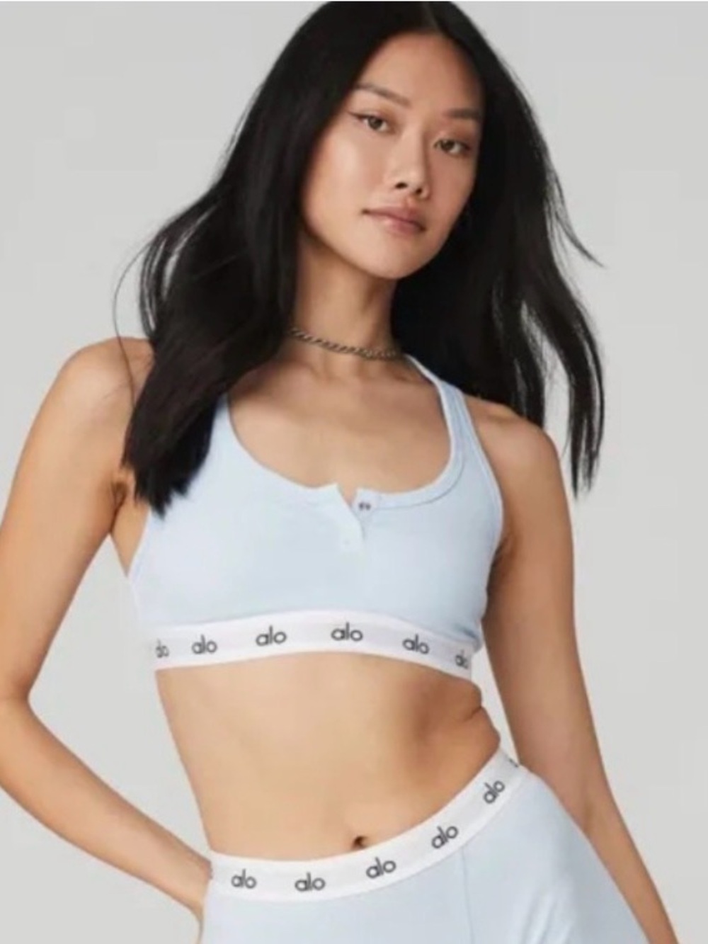 Alo yoga All Icon ribbed Henley logo bra, small light blue